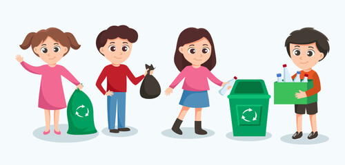 Volunteer activity, garbage collection to save the world concept, vector illustration. Volunteers of young people with  garbage bags. volunteering working and environmental cleanup