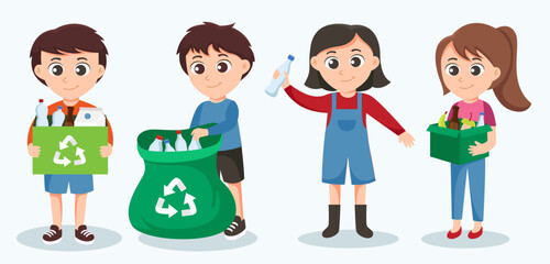 Volunteer activity, garbage collection to save the world concept, vector illustration. Volunteers of young people with  garbage bags. volunteering working and environmental cleanup