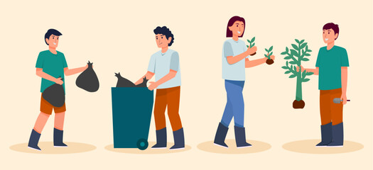 Volunteer activity, young planting tree to protect environment and garbage collection to save the world concept