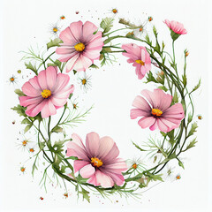 Watercolor Inspired Illustration of Cosmos Flower Wreath. Generative ai