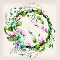 Watercolor Inspired Illustration of Wild Flower Wreath. Generative ai