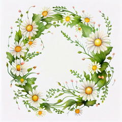 Watercolor Inspired Illustration of Daisy Flower Wreath. Generative ai