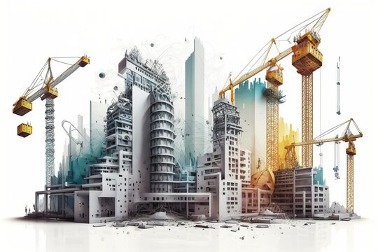 3D building drawings, tower cranes and building construction environment.AI technology generated image