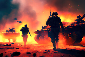 soldiers on the battlefield tanks explosions fire. Generative AI - obrazy, fototapety, plakaty