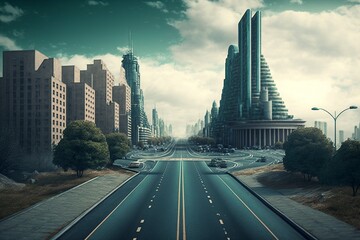 Fototapeta na wymiar Highway and future urban skyline. AI technology generated image