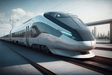 High-speed train shuttles in future cities.AI technology generated image - obrazy, fototapety, plakaty