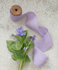Purple silk ribbon and viola tricolor on concrete background