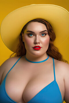 Portrait of happy curvy model with summer outfit over yellow background. Generative AI