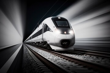 Naklejka premium High-speed train shuttles in future cities.AI technology generated image