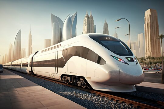 High-speed train shuttles in future cities.AI technology generated image
