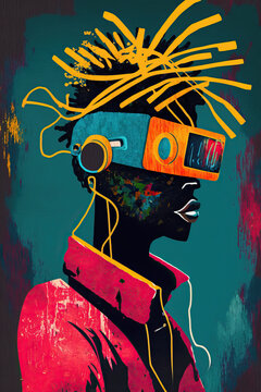 Colorful ethnic abstract illustration of black man with VR glasses. Generative AI