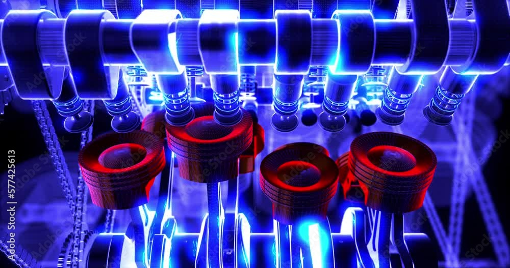 Poster Powerful 3D V8 engine producing energy. Stylish engine with moving parts. Camera moving slowly.