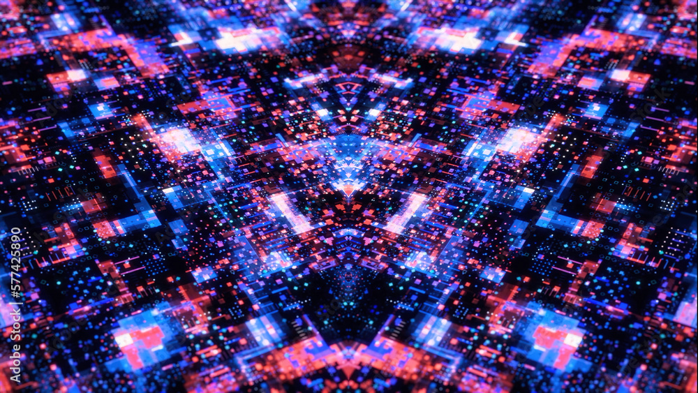 Poster pixelated pattern with blue and pink shimmering squares slowly moving and creating digital field. mo