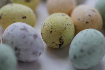Colourful chocolate eggs with spots to celebrate Easter.