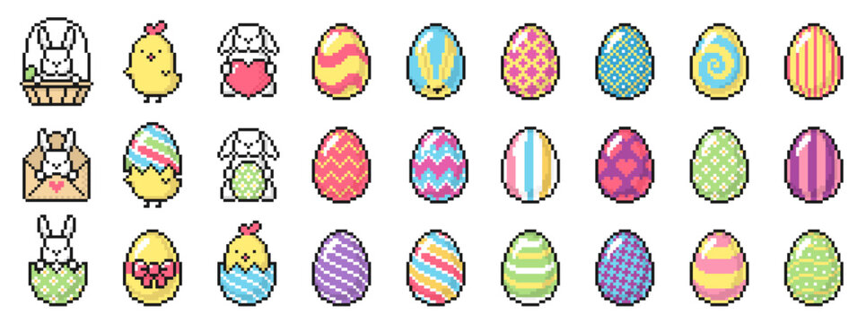 Pixel art Easter icons set - decorated Easter eggs, bunny, chick. Isolated vector symbols on white background. Perfect for greeting cards, invitations, icons on websites and mobile applications