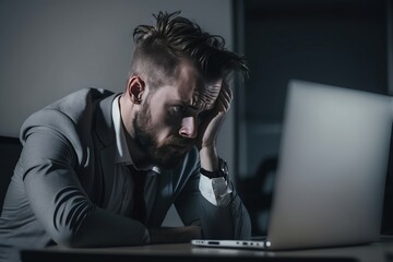 Stressed business man sitting at office workplace. Young exhausted men in stress working on laptop computer desing generated IA