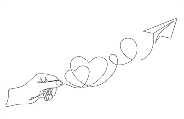 Heart one line.Heart line art. Hand launches paper airplane with heart .Heart air route. Love travel route.Airplane line path continuous line .