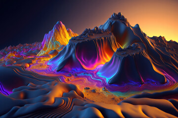 Generative AI illustration of volcanic formations with fluorescent lines