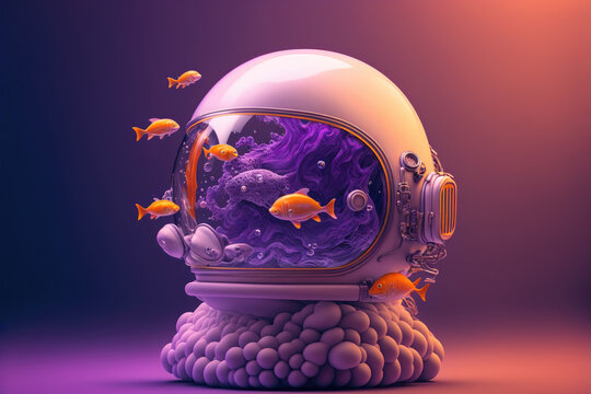 Generative AI illustration of gold fishes swimming inside and outside helmet