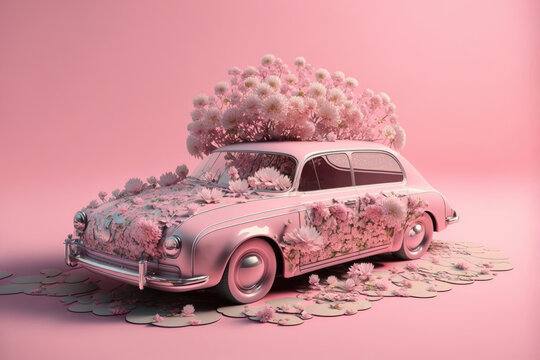 Generative AI illustration of retro car with growing pink flowers