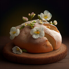 Obraz na płótnie Canvas pane di primavera con fiori e uova e ingredienti, generative ai