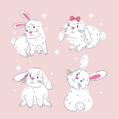 Easter rabbits collection. Vector illustration of cute cartoon multi colored bunnies.