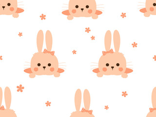 Seamless pattern with bunny rabbit cartoons and small flower on white background vector illustration. Cute childish print.