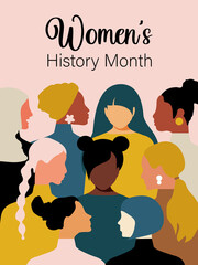 Women's History Month. Women of different ages, nationalities and religions come together. Pink vertical poster. 