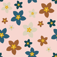 Fototapeta na wymiar Simple decorative flowers of different colors on a pink background. Seamless botanical floral pattern for fashion fabrics.