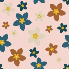 Foto op Canvas Simple decorative flowers of different colors on a pink background. Seamless botanical floral pattern for fashion fabrics. Vector © Sagittarius_13