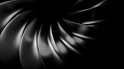 Abstract art with surreal 3d machinery industrial turbine jet engine. Design. Monochrome wheel or circular saw in spherical spiral twisted shape with sharp fractal blades.