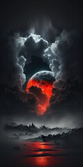minimalistic, huge red full moon dark misty night, blood moon Generative AI