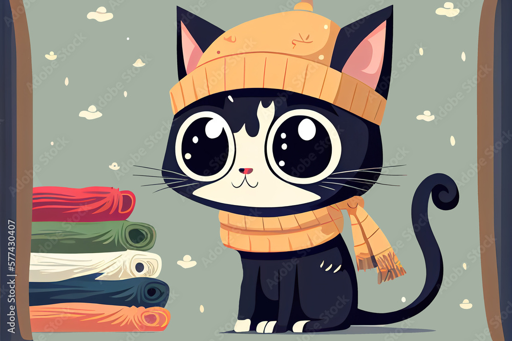 Poster drawing of a cat in winter in a hat. generative ai