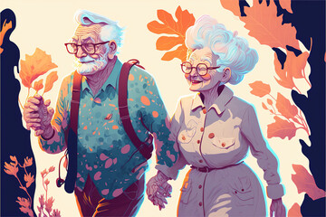Fototapeta na wymiar a minimalist illustration of a happy senior couple walking together