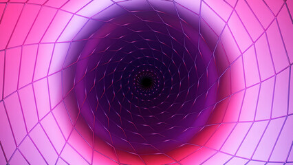 Pulsating light rings inside pink lined tunnel. Design. Hypnotic effect of the flight inside circular shaped tunnel.