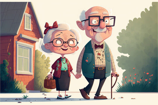 a minimalist illustration of a happy senior couple walking together