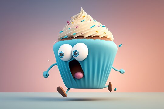Cute Blue Cartoon Cupcake Character Running with Space for Copy (Created with Generative AI)