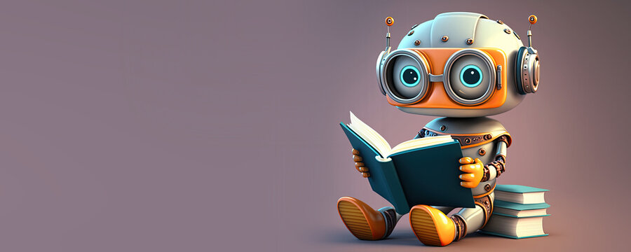 Cute Cartoon Robot Reading a Book Banner with Space for Copy (Generative AI)