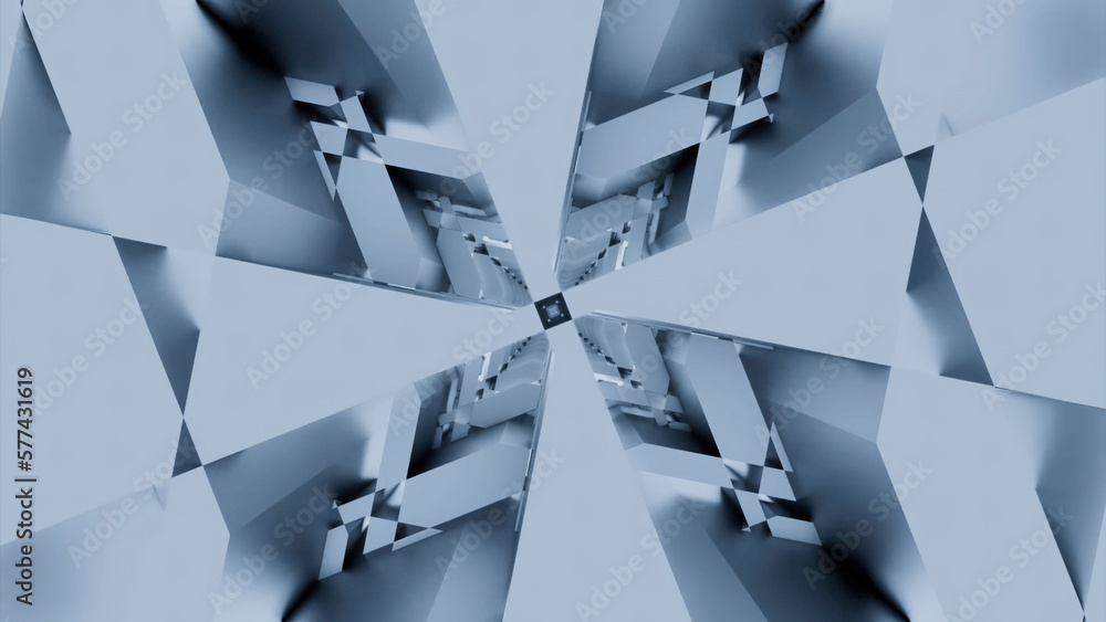 Poster abstract kaleidoscopic pattern with fractal spinning shapes. design. rotating rhombuses and squares 