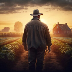 Fototapeta premium Back view of a farmer on the farm. Generative AI.