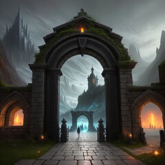 Fototapeta premium A gate leading to a mysterious and foreboding land. Great for dark fantasy, high fantasy, adventure, RPG. 