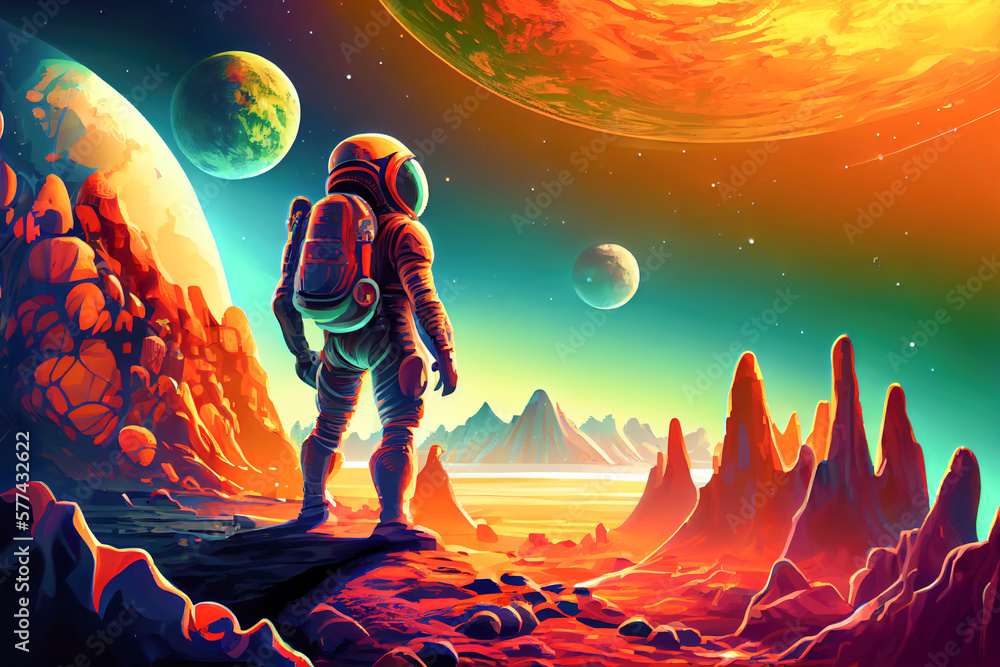 Poster space traveler in a spacesuit on an unknown planet