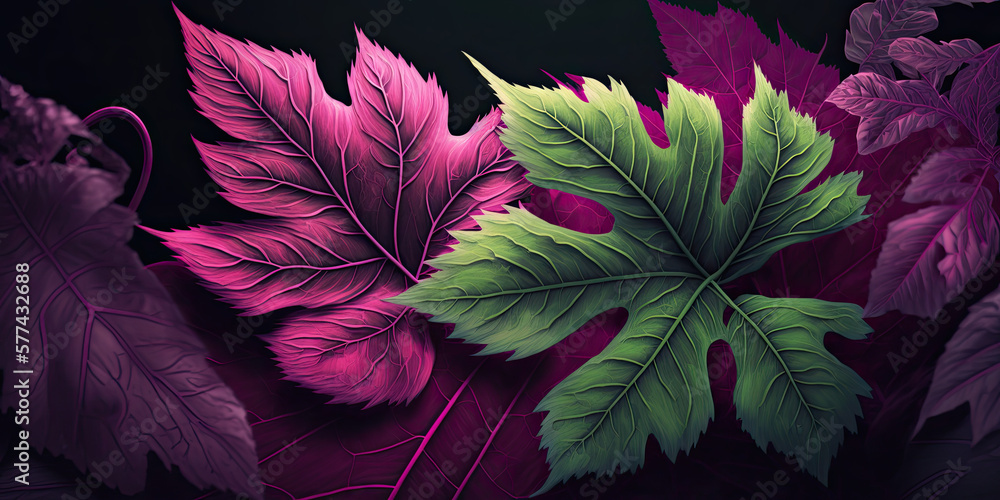 Wall mural green and purple leaves. Generative AI image.