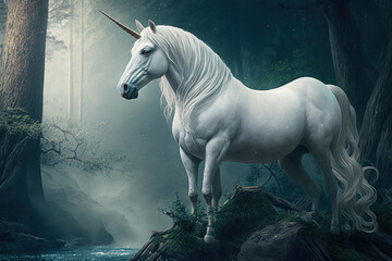 Plakat Unicorn in magic forest. Ai generated