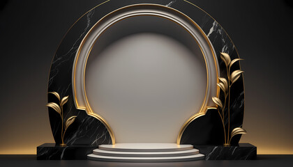 Black and gold podium or pedestal for product display with stage, blank product stand. 3D rendering