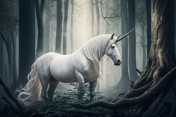 Unicorn in magic forest. Ai generated