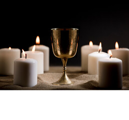 reminder with white foot for text, golden christian chalice on the floor with burning candles night on a black background