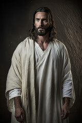 Portrait of serene Jesus Christ with a white tunic. Religious imagen of son of the God. Generative AI. 