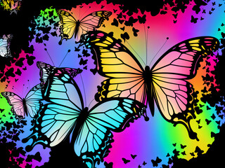 Colorful butterflies wallpaper on a black background. Generative AI.