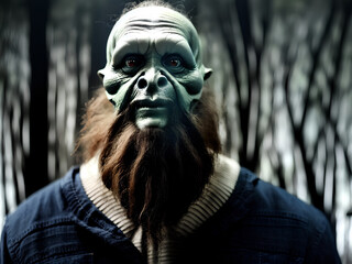 Scary zombie monster in the forest. Portrait of a green orc. Generative AI.